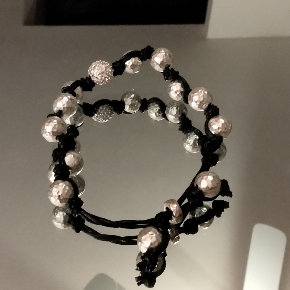 Silver Hammered Bead Bracelet On Black Leather Cord Y2k vintage - Picture 5 of 14